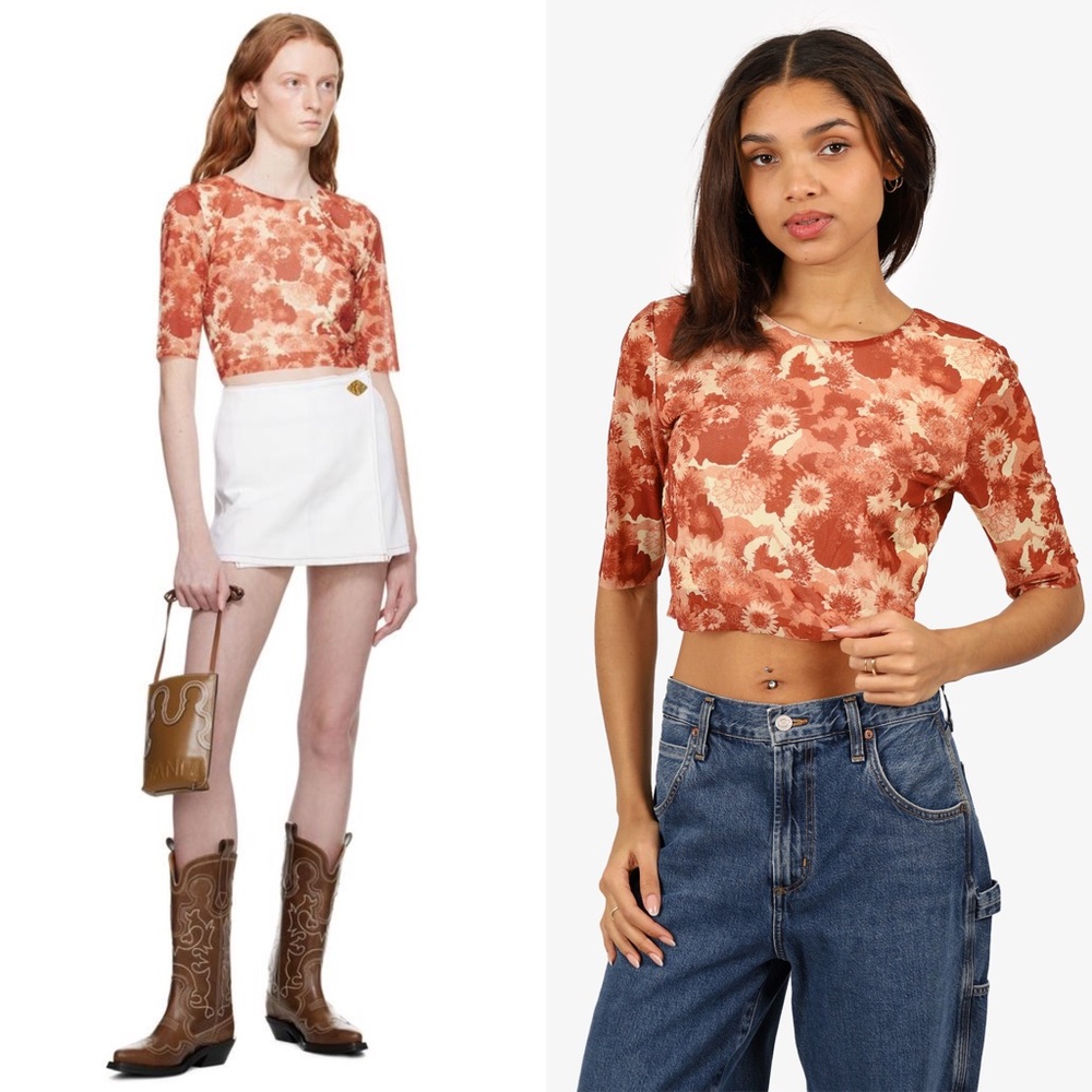 GANNI Y2K 90s Grunge Floral Mesh‎ Short Sleeve Indie Sleaze Cropped Tee Medium